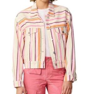 🟠NWT SIGNATURE 8 Striped Denim Jacket in White/Pink/Orange SMALL
